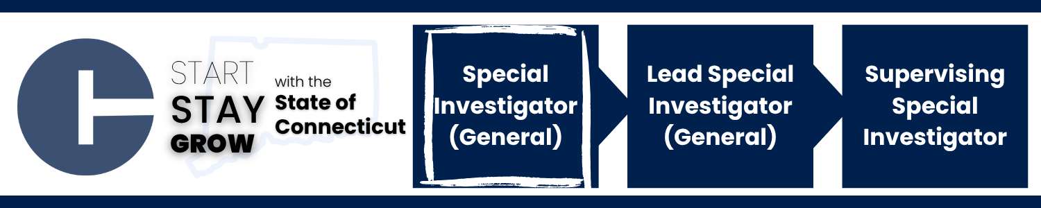 This image shows a career progression pathway within the State of Connecticut: starting with Special Investigator (General) (highlighted to indicate the current opening), then progressing to Lead Special Investigator (General), and ending with Supervising Special Investigator.
